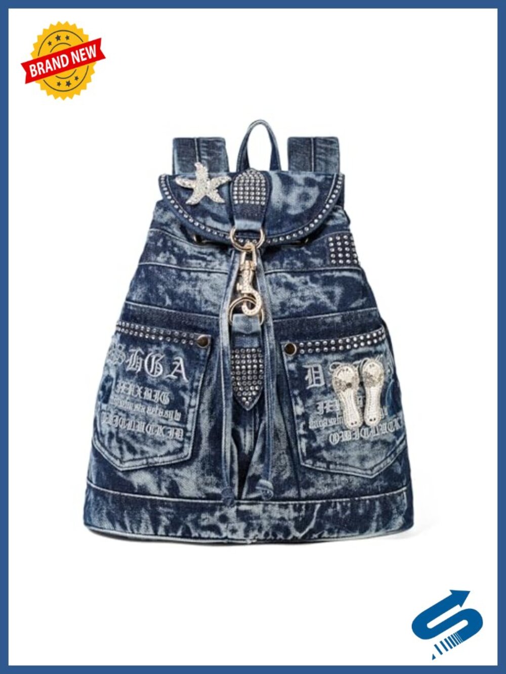 Denim Backpack for Women with Rhinestone Decorations, Adjustable Straps, Fits